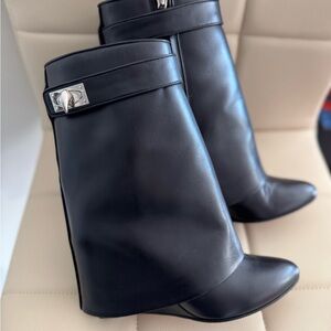 Givenchy Black Leather Wedge Ankle Boots with Silver Accent